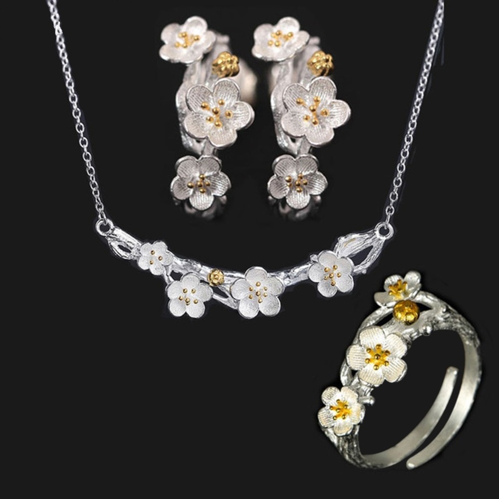 925 Flower Blossom SET Earring, Ring, Necklace